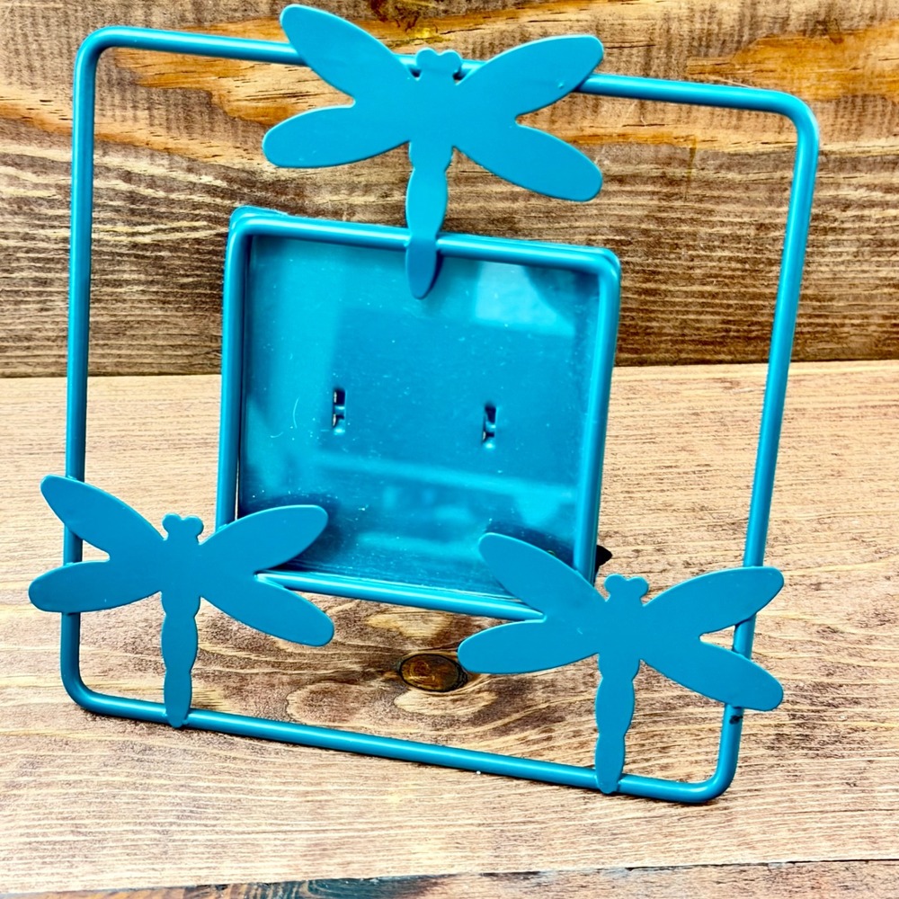 Teal Blue Metal Dragonfly Square Photo Frame 3x3 Tabletop Decor